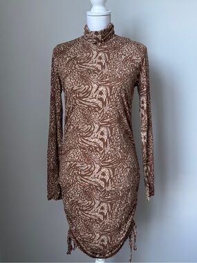 Long Sleeve Brown Patterned Turtleneck Dress